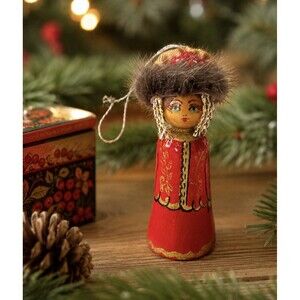 Vintage Handcrafted Russian Wooden Folk Art Traditional Costume Doll Ornament